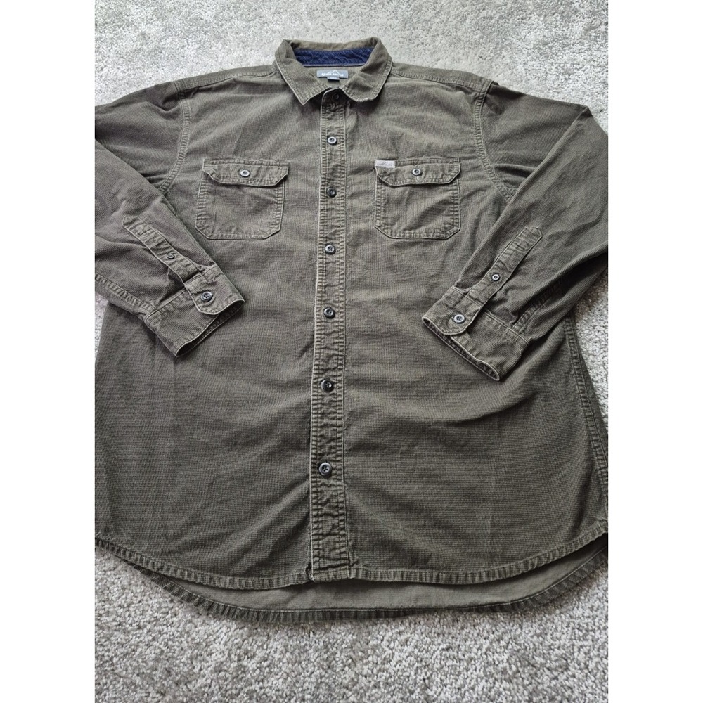 Eddie Bauer Mens Corduroy Button Up Shirt Size Large Green Long Sleeve‎ Pockets